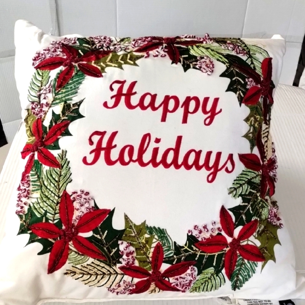 Newport Festive poinsettia Holiday throw Pillow embroidered embossed with beads